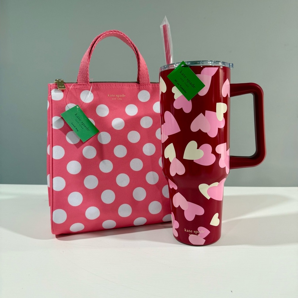 KATE SPADE STAINLESS STEAL HEART TUMBLER & INSULATED POLKA DOT LUNCH BAG NWT